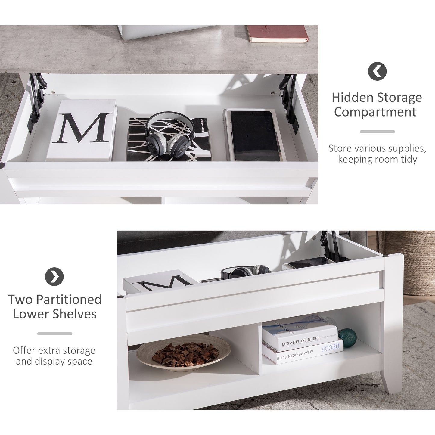 Lift Top Coffee Table with Hidden Storage Compartment and Open Shelves, Lift Tabletop Pop-Up Center Table for Living Roo