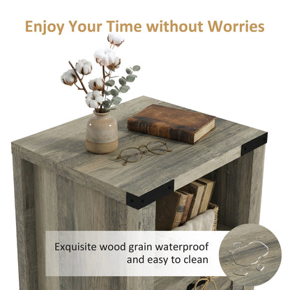 Small Side Table with Storage, Farmhouse End Table with Drawer, Open Shelf and Barn-style Panel, Nightstand for Living R