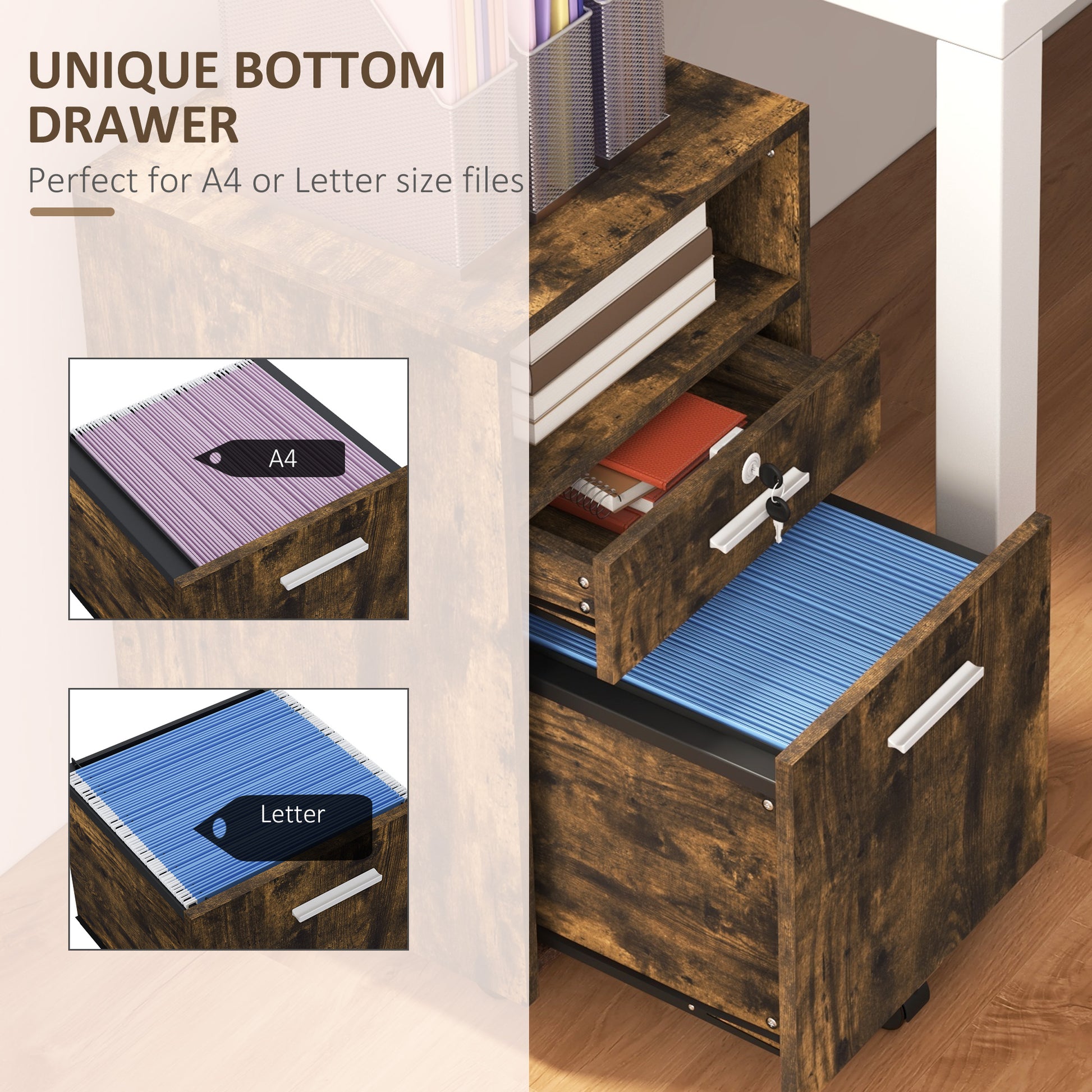 Small Filing Cabinet with 2 Drawers, Lockable Home Office Storage Cabinets on Wheels for A4, Letter Size, Rustic Brown