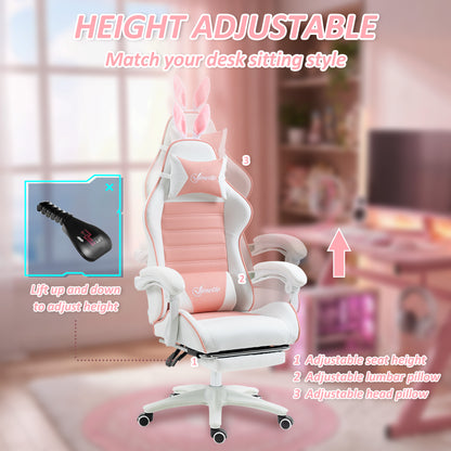 Cute Racing Gamer Chair, PU Leather Gaming Chair with Footrest, Headrest and Lumbar Support, Pink
