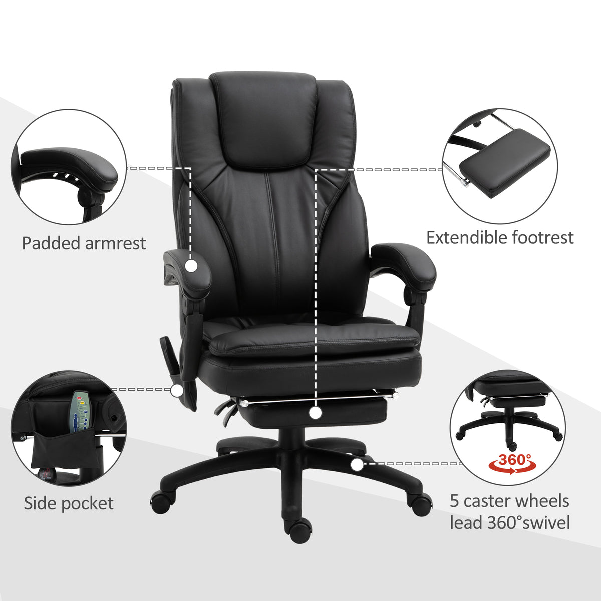 Office Chair High Back 6-Point Vibration Massage Reclining 360° Swivel Height Adjustable with Retractable Footrest