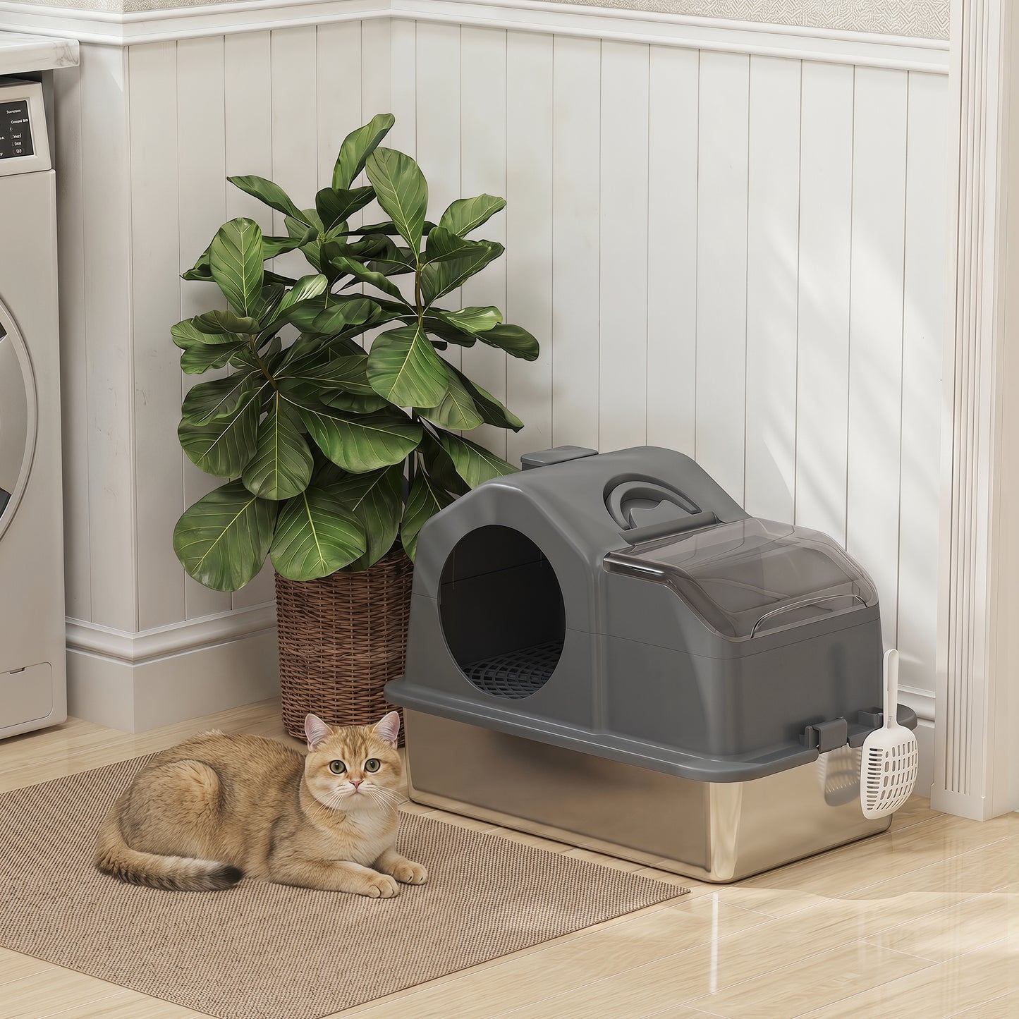 Extra Large Stainless Steel Cat Litter Box w/ High Sided, Removable Lid, Scoop, Odor Free, Non-Sticky, Dark Grey