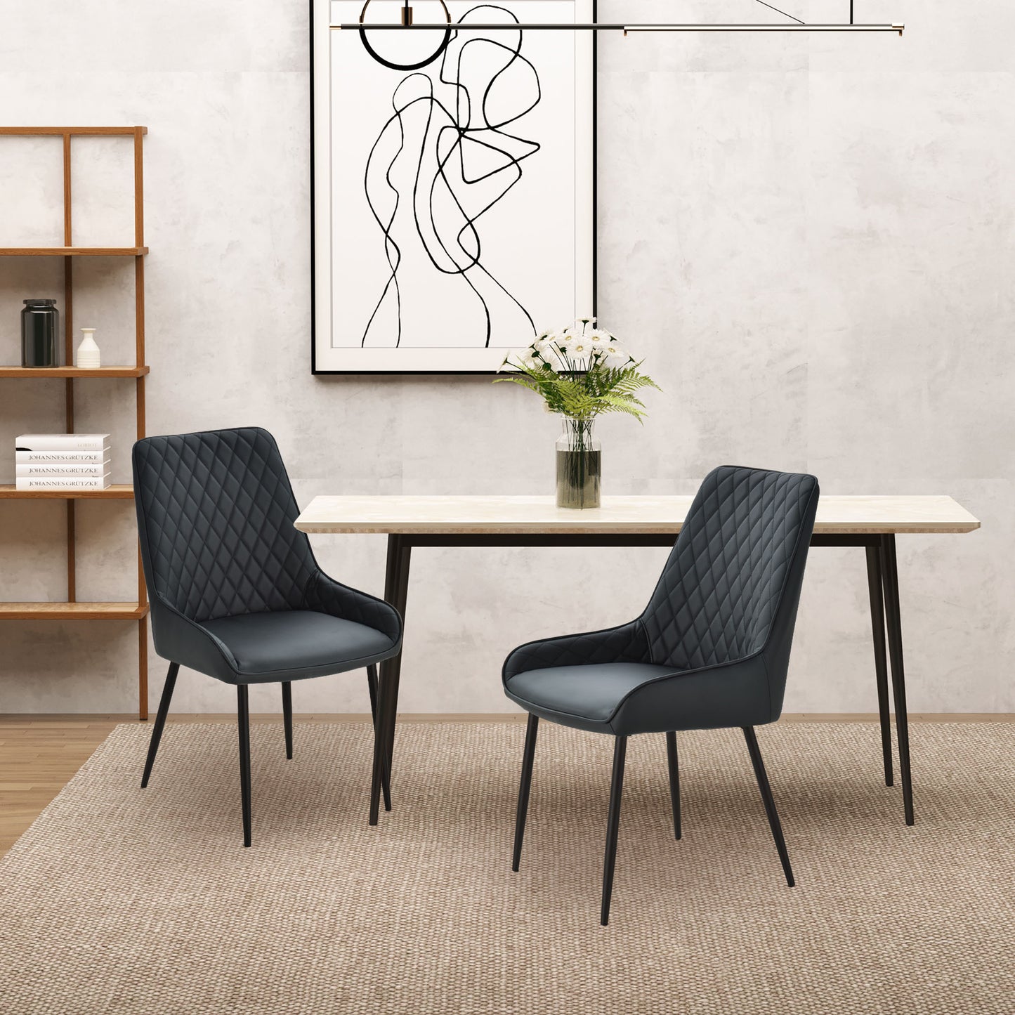 Upholstered Kitchen Chairs, Modern Dining Chairs Set of 2 with Diamond Tufting and Steel Legs for Dining Room, Black