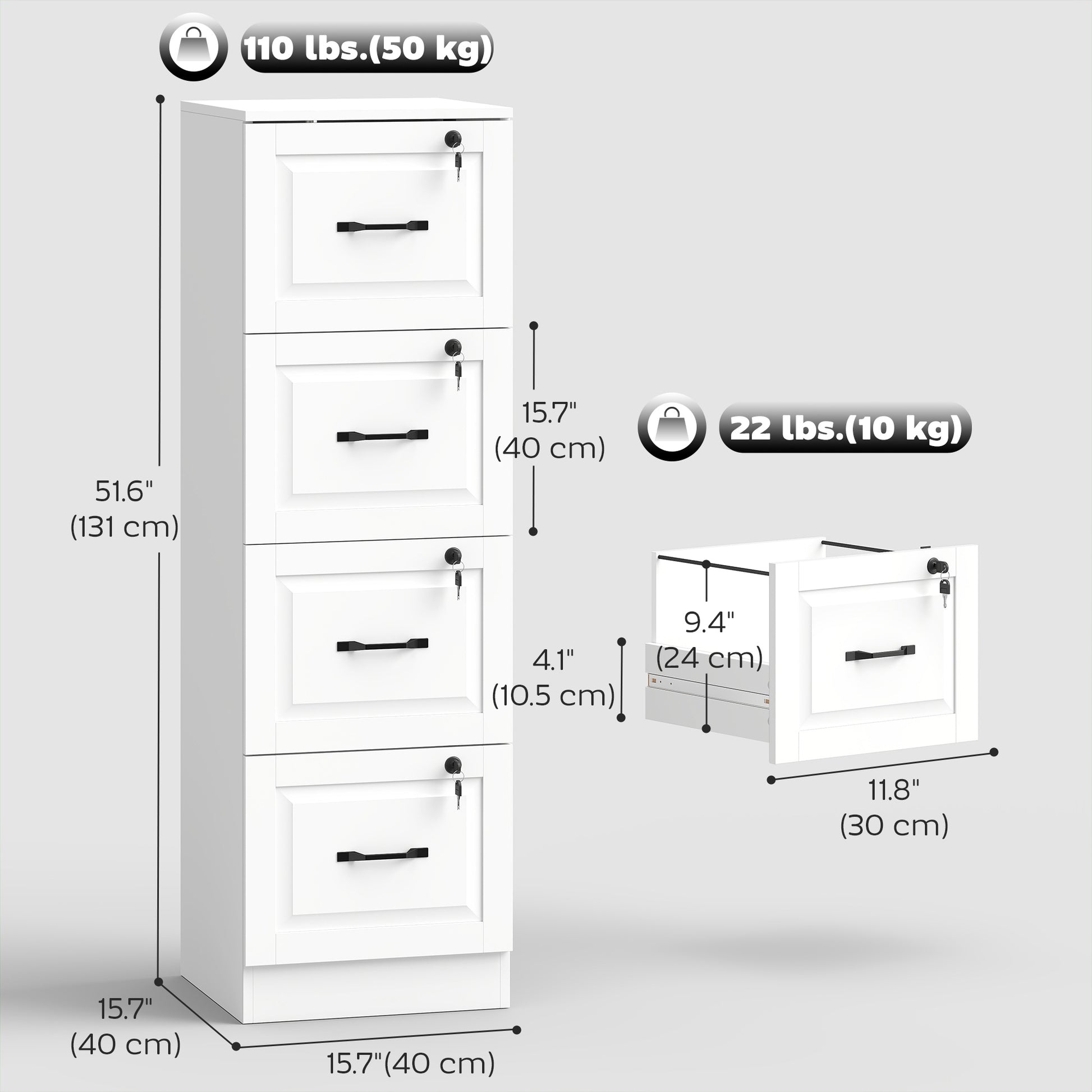 4 Drawer File Cabinet with Lock, Vertical Filing Cabinet with Adjustable Hanging Bars for A4 and Letter Size, White