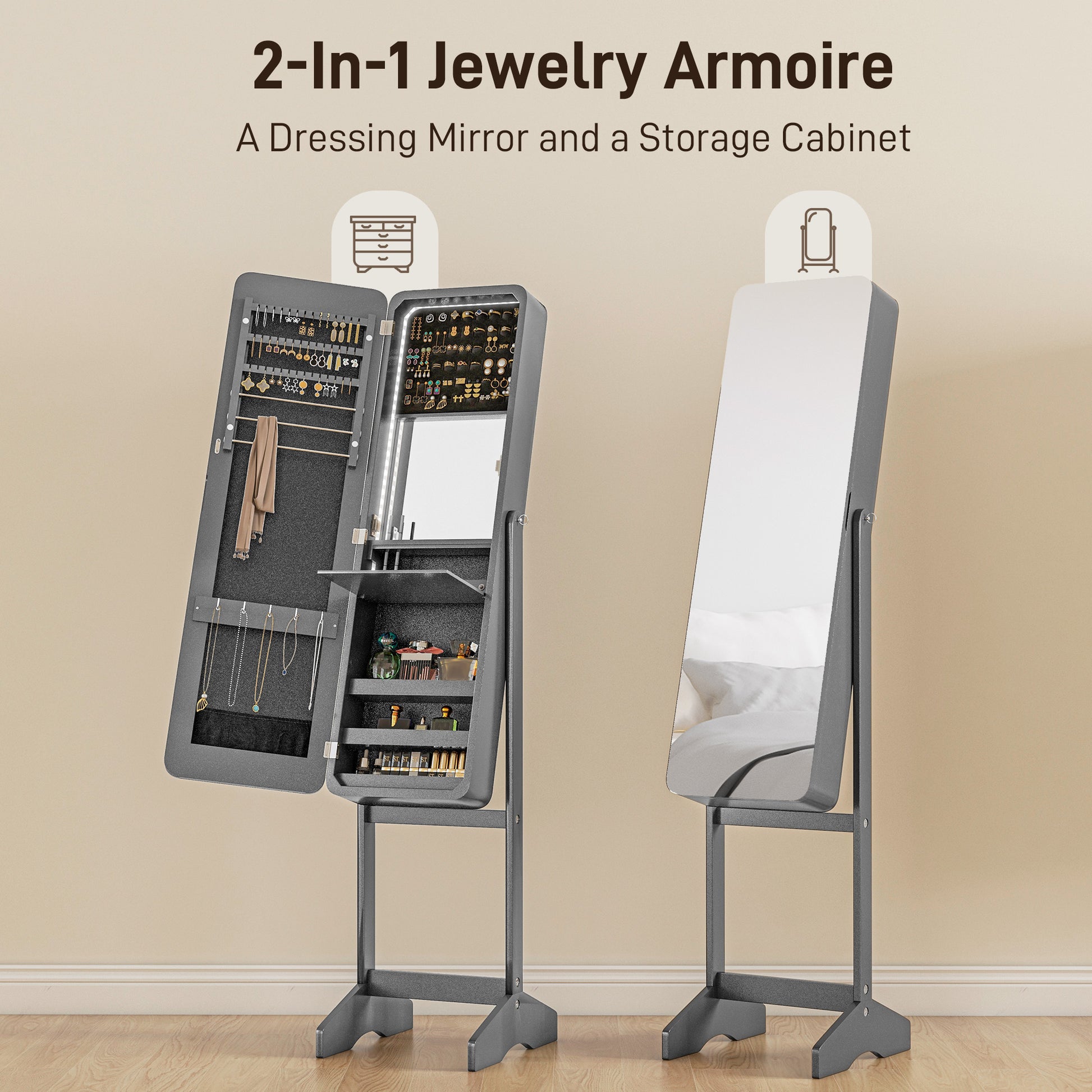 Standing Mirror Jewelry Cabinet, Jewelry Storage Cabinet with LED Lights and Angle Adjustable Full Length Mirror, Grey