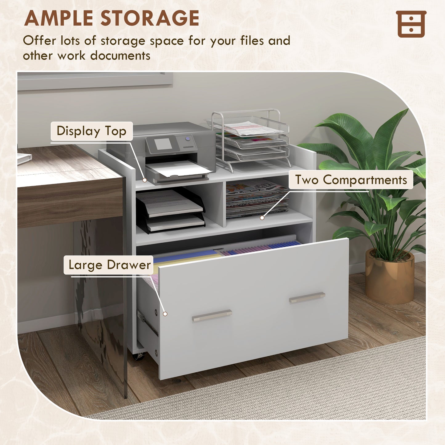 Mobile Filing Cabinet, Rolling File Cabinet with Drawer and Adjustable Hanging Bar for Letter, A4 and Legal Size, White