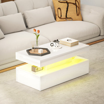LED Coffee Table, Living Room Table with 2 Drawers and Open Shelf, High Gloss White