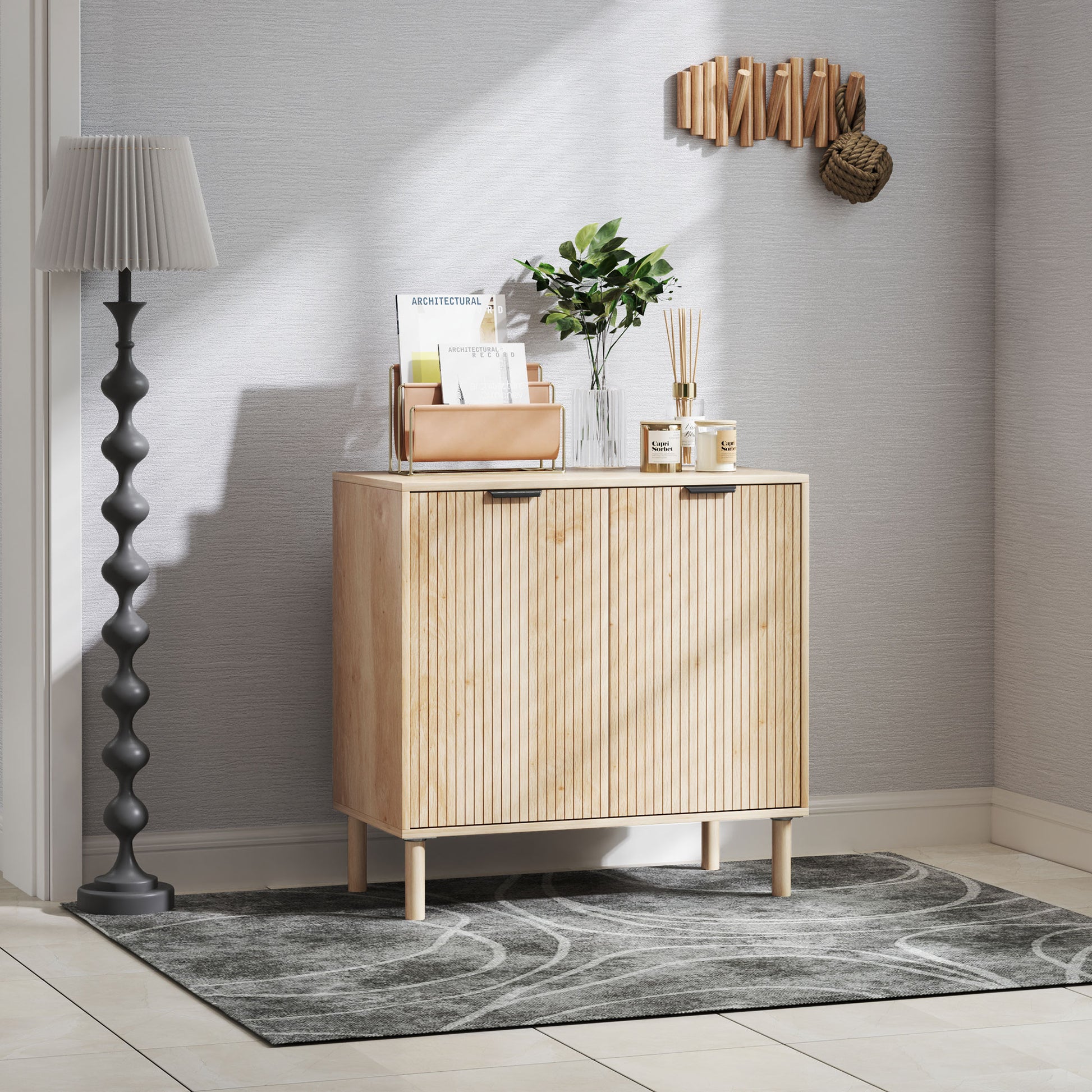 Accent Cabinet with Doors & Adjustable Shelf, Freestanding Console Cabinet with Wood Legs, Elevated Base for Living Room