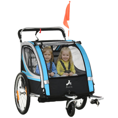 VarietyKart 2 Seat Bike Trailer for Kids 2-in-1 Double Baby Stroller with Handbrake, Rubber Wheels, 5 Point Harness, Wat