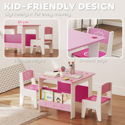 Qaba 3 Pieces Kids Table and Chair Set with Bookshelves, for Classroom, Home, Nursery, Playroom, for Read, Draw, Art, Pi