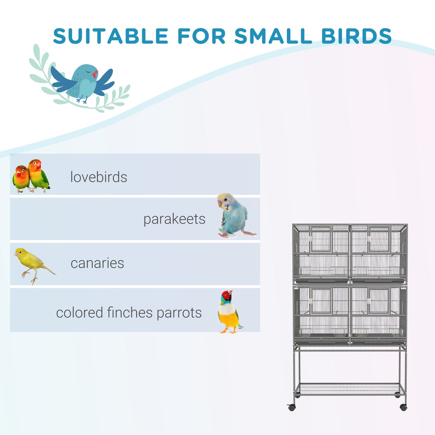 61"H Divided Breeder Bird Cage with Rolling Stand Removable Metal Tray, Storage Shelf, Wood Perch, and Food Container, D