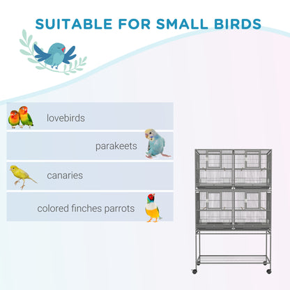 61"H Divided Breeder Bird Cage with Rolling Stand Removable Metal Tray, Storage Shelf, Wood Perch, and Food Container, D