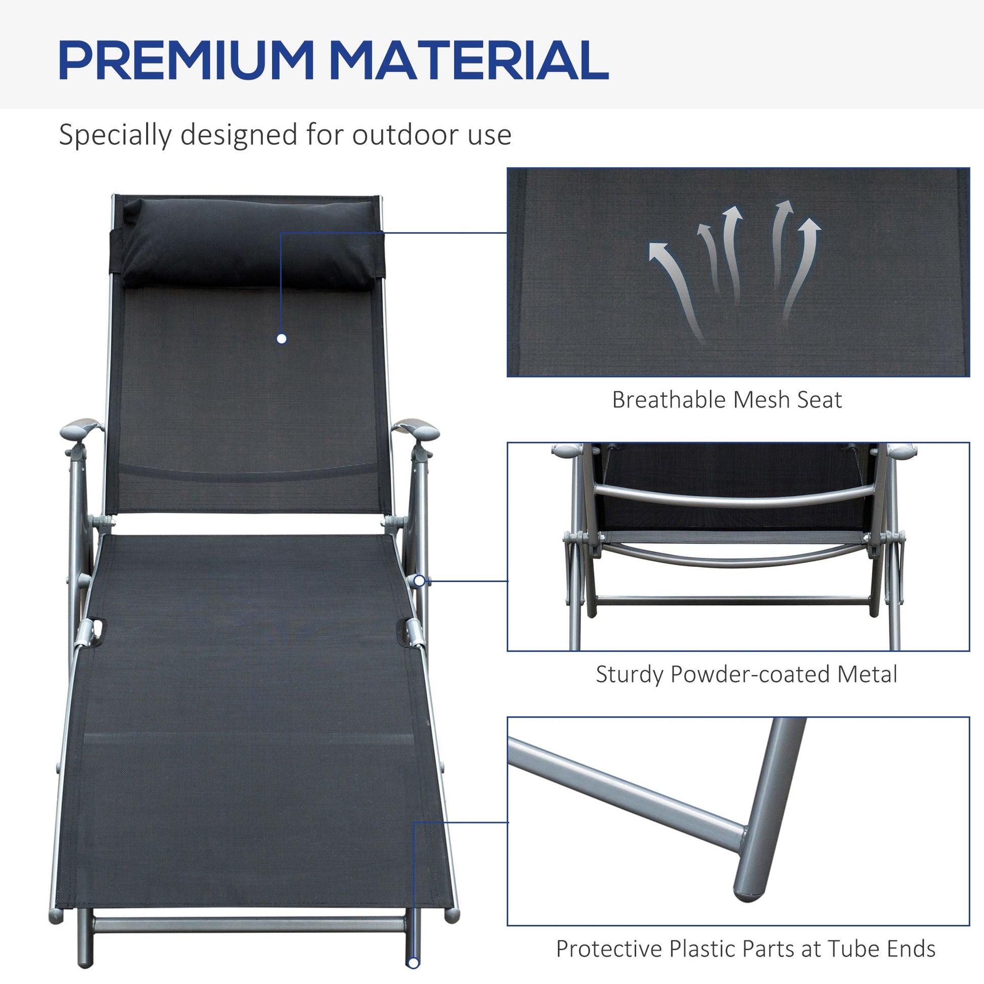 Heavy-duty Adjustable Folding Reclining Chair Outdoor Sun Lounger Patio Chaise Lounge Garden Beach Gravity Lounge with P