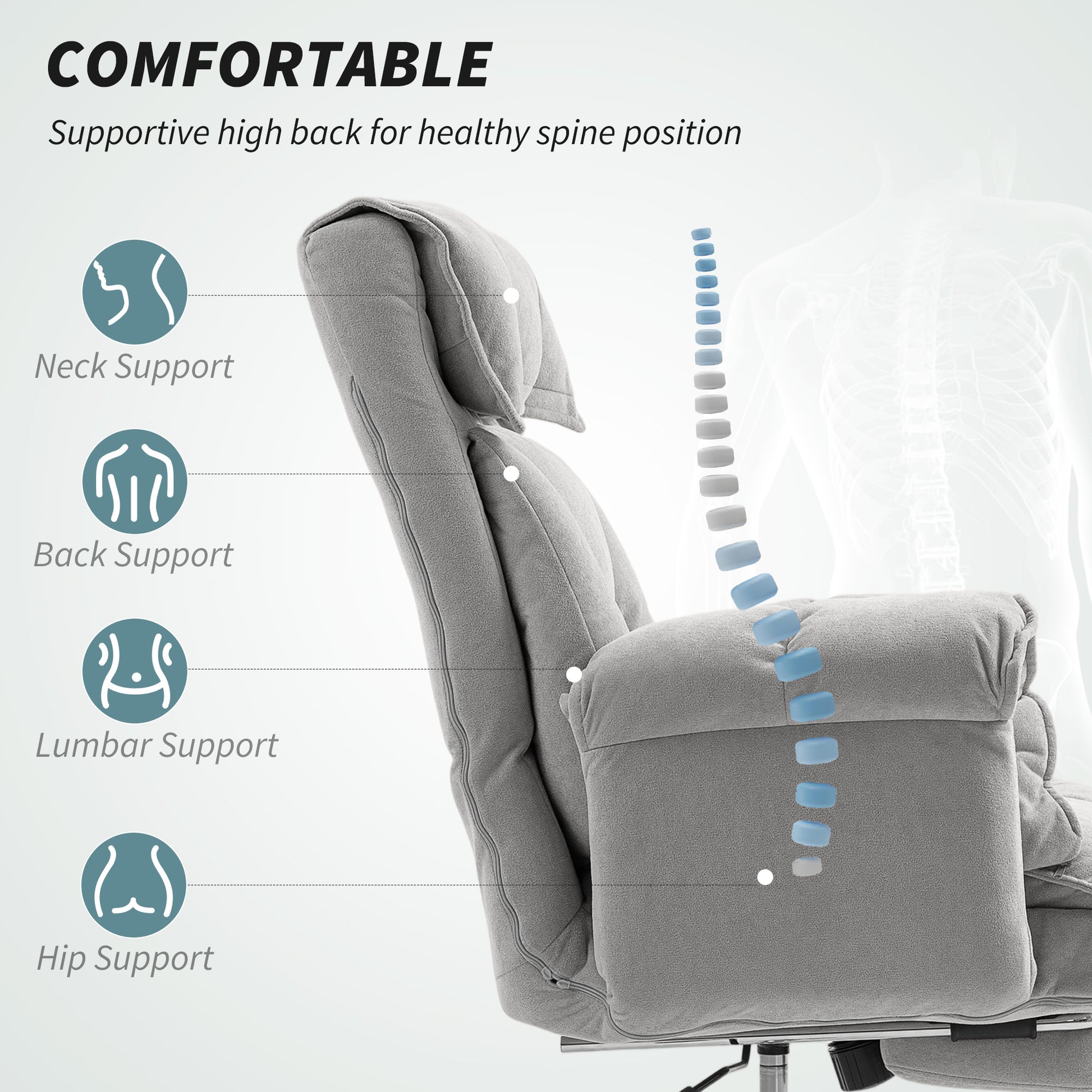 High Back Office Chair, Reclining Desk Chair with Footrest, Swivel Base, Rolling Wheels, Light Grey
