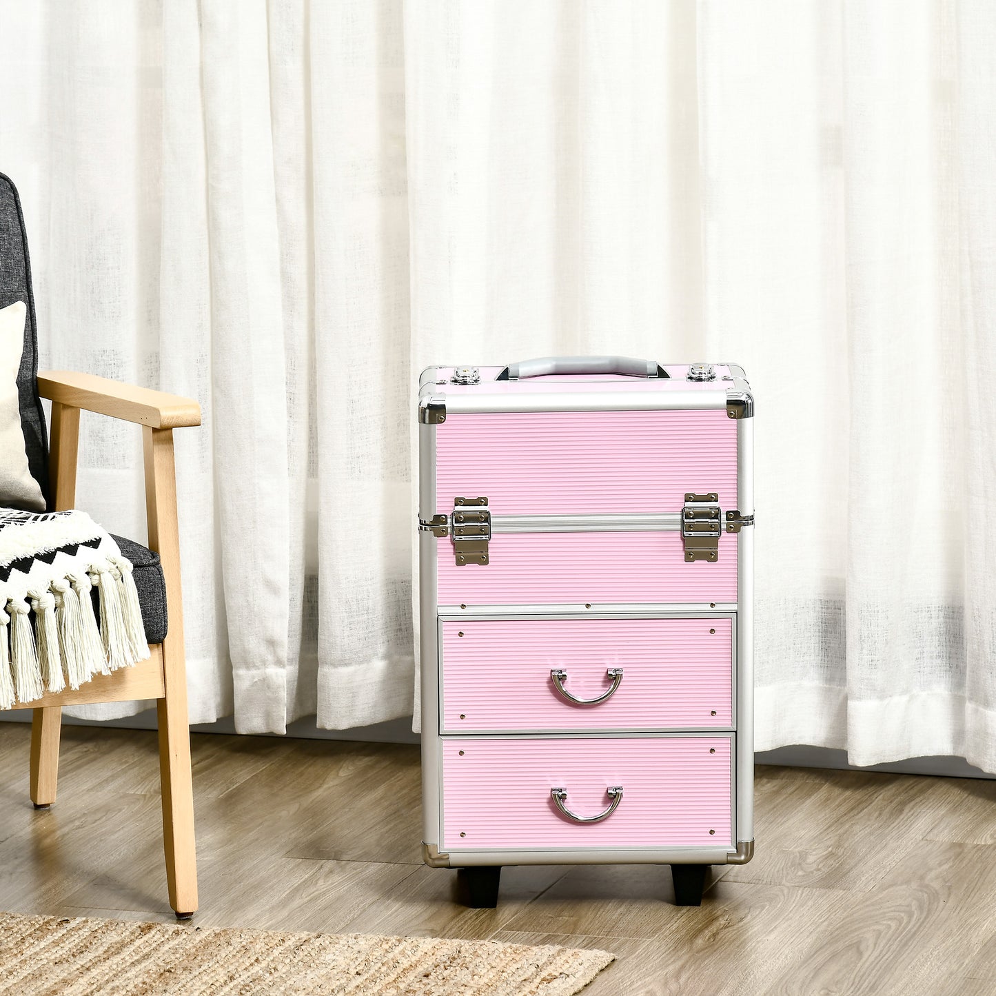 Rolling Makeup Train Case, Large Storage Cosmetic Trolley, Lockable Traveling Cart Trunk with Folding Trays, Swivel Whee