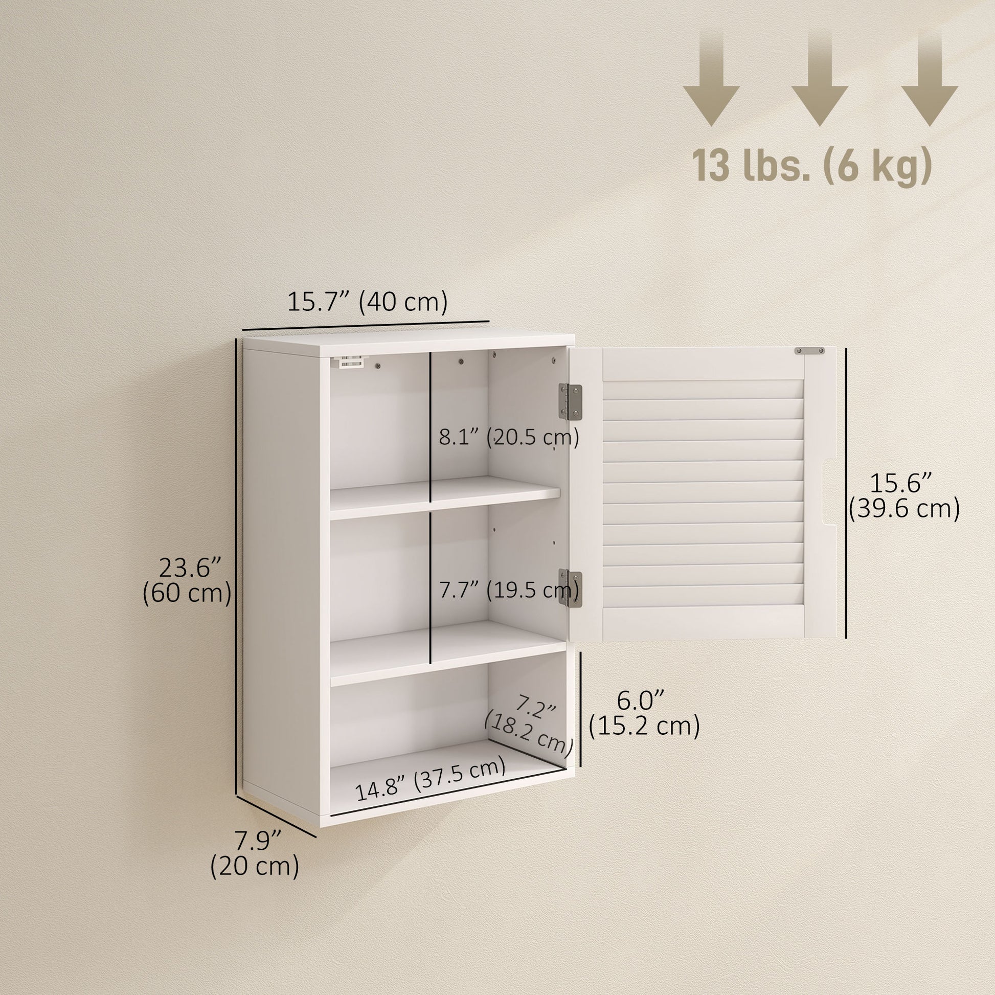 Bathroom Cabinet, Wall Mounted Storage Cabinet with Adjustable Shelves, 40 x 20 x 60 cm, White