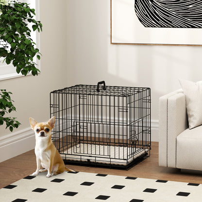 24" Dog Crate with 2 Doors, Folding Metal Dog Cage with Soft Cushion, Removable Tray, Handle for Extra Small Dogs, Black