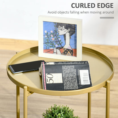 2-Tier Gold Side Table, Round Nightstand with Removable Trays Folding Metal Frame Adjustable Foot End Table for Living R