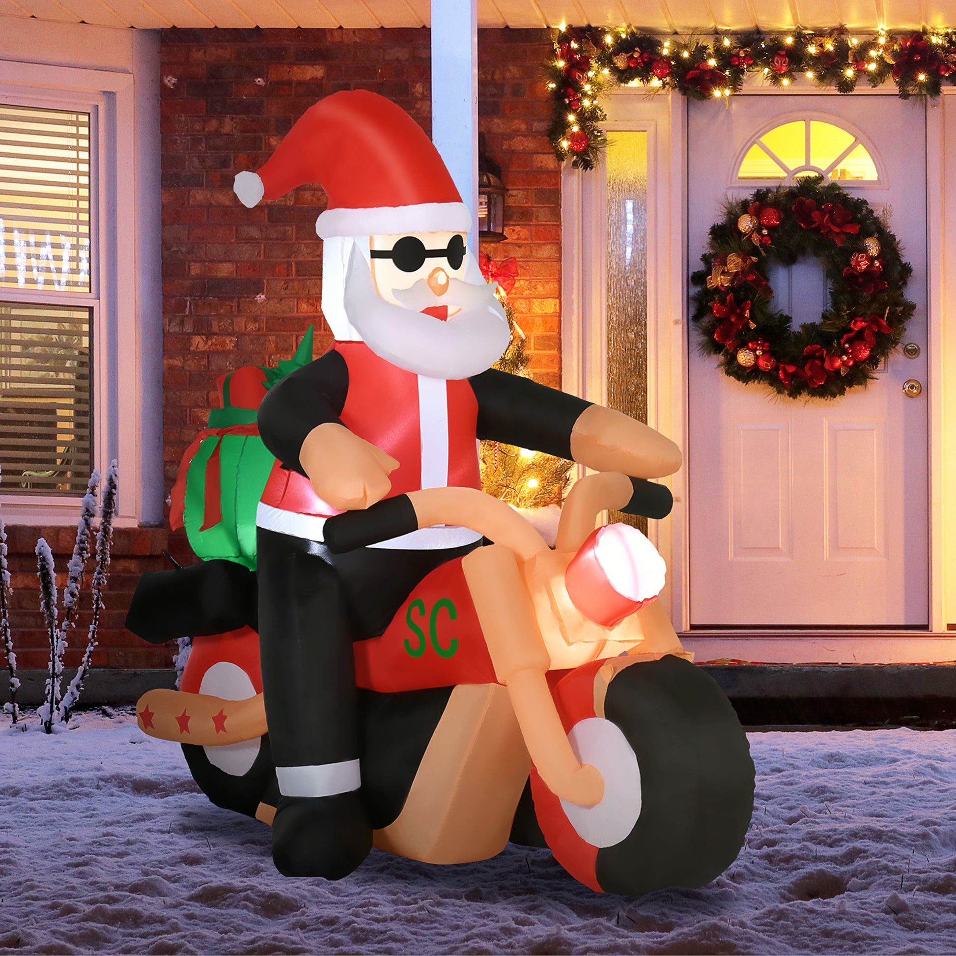 5.5' H Christmas Holiday Yard Inflatable Outdoor, Light Up LED Decoration, Santa Claus Riding a Motorcycle