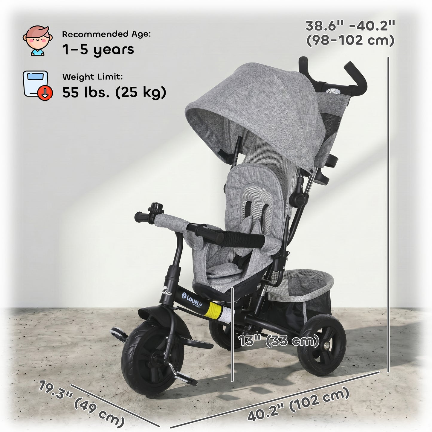 Qaba 6 in 1 Tricycle for Toddler 1-5 Years with Parent-Push Handle, Grey