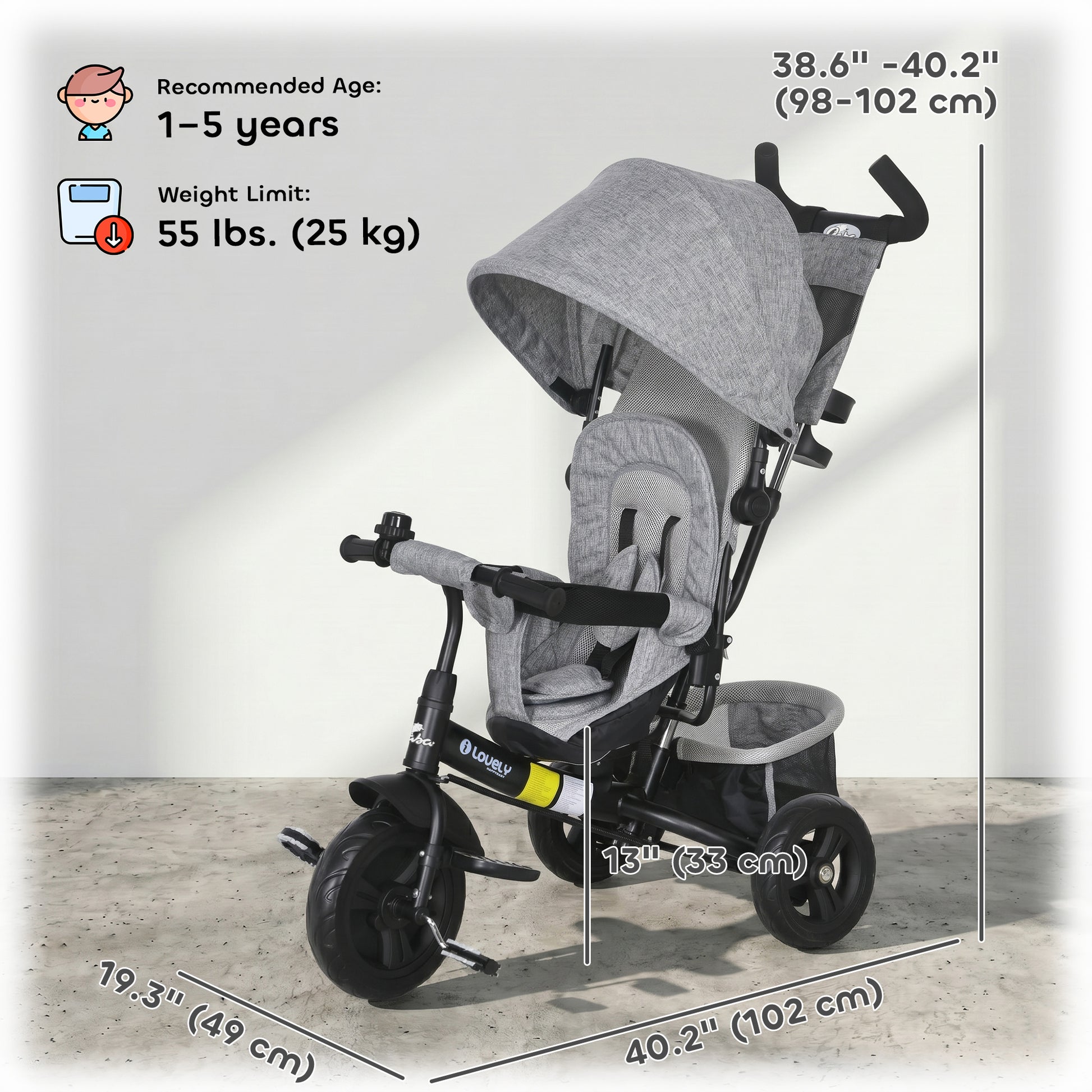Qaba 6 in 1 Tricycle for Toddler 1-5 Years with Parent-Push Handle, Grey