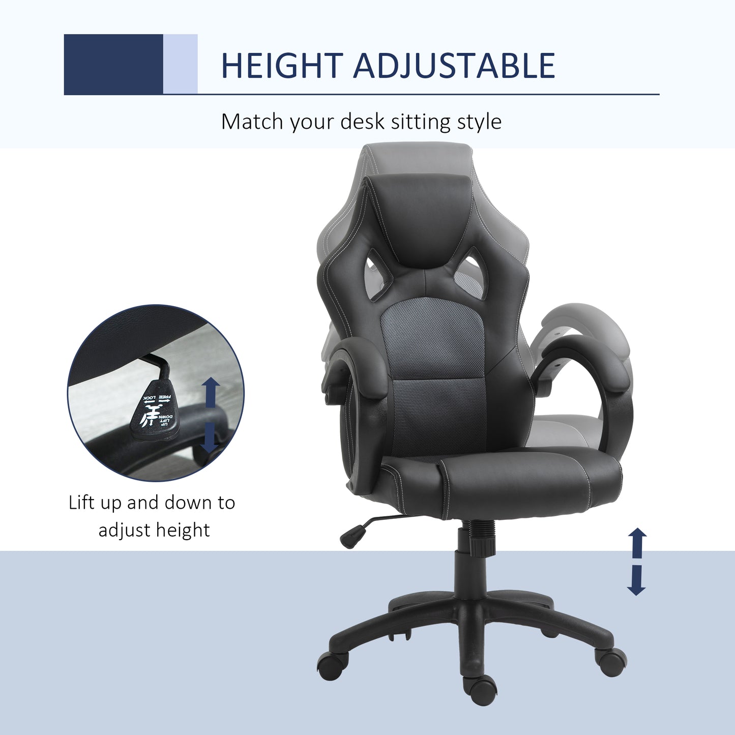 Racing Gaming Chair Office Chair Computer Desk Gamer Chair with Swivel Wheels, Padded Headrest, Tilt Function, Grey