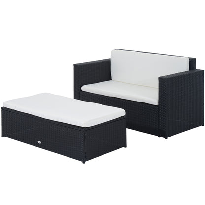 2 Pieces Wicker Patio Furniture Set with Double Ottoman, Outdoor PE Rattan Conversation Set with Loveseat and Two Seat O