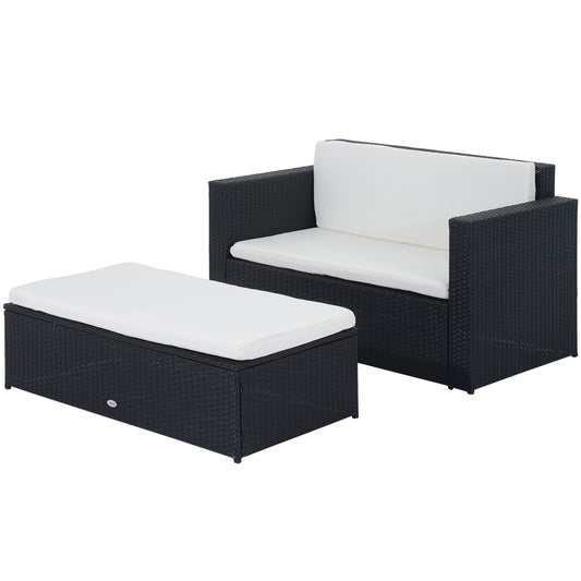 2 Pieces Wicker Patio Furniture Set with Double Ottoman, Outdoor PE Rattan Conversation Set with Loveseat and Two Seat O