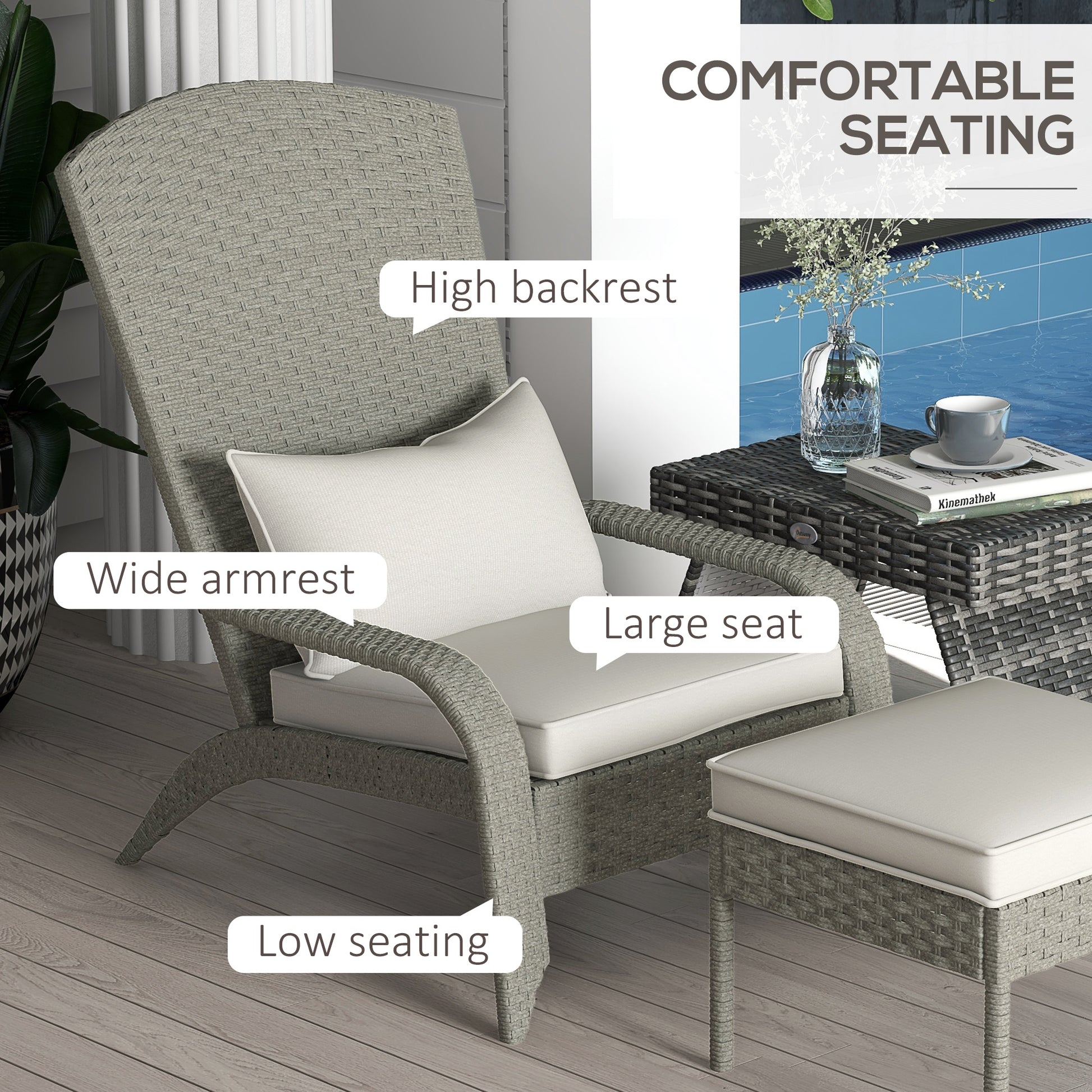Wicker Adirondack Chair with Ottoman, Patio Cushioned Muskoka Chair, Outdoor Fire Pit Chair with High-back and Armrests,