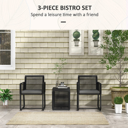 3 Pieces Patio Furniture Outdoor PE Rattan Bistro Set w/ Seat Cushions Tempered Glass Table for Garden Backyard, Black