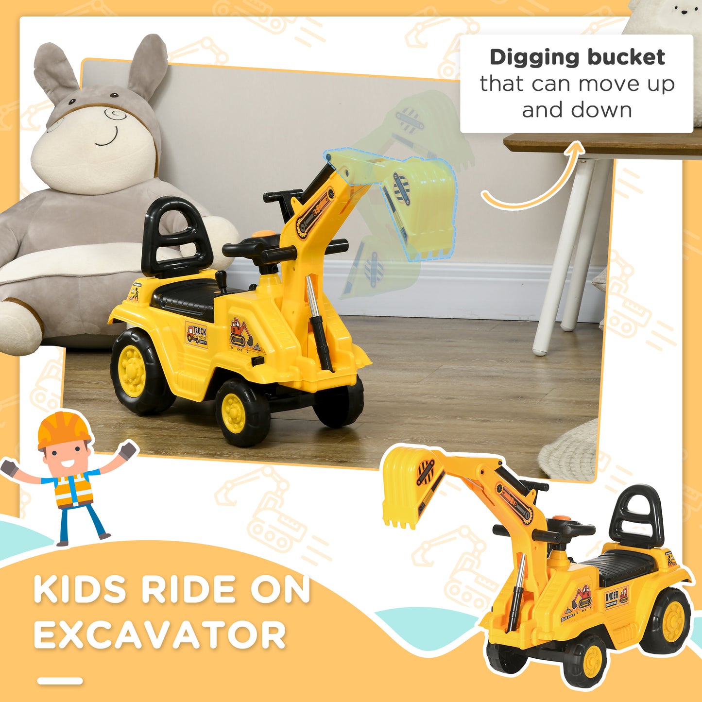 Ride-On Toy Excavator with Digger Scooter Steering Wheel Storage Toddlers for 18-48 Months, Yellow