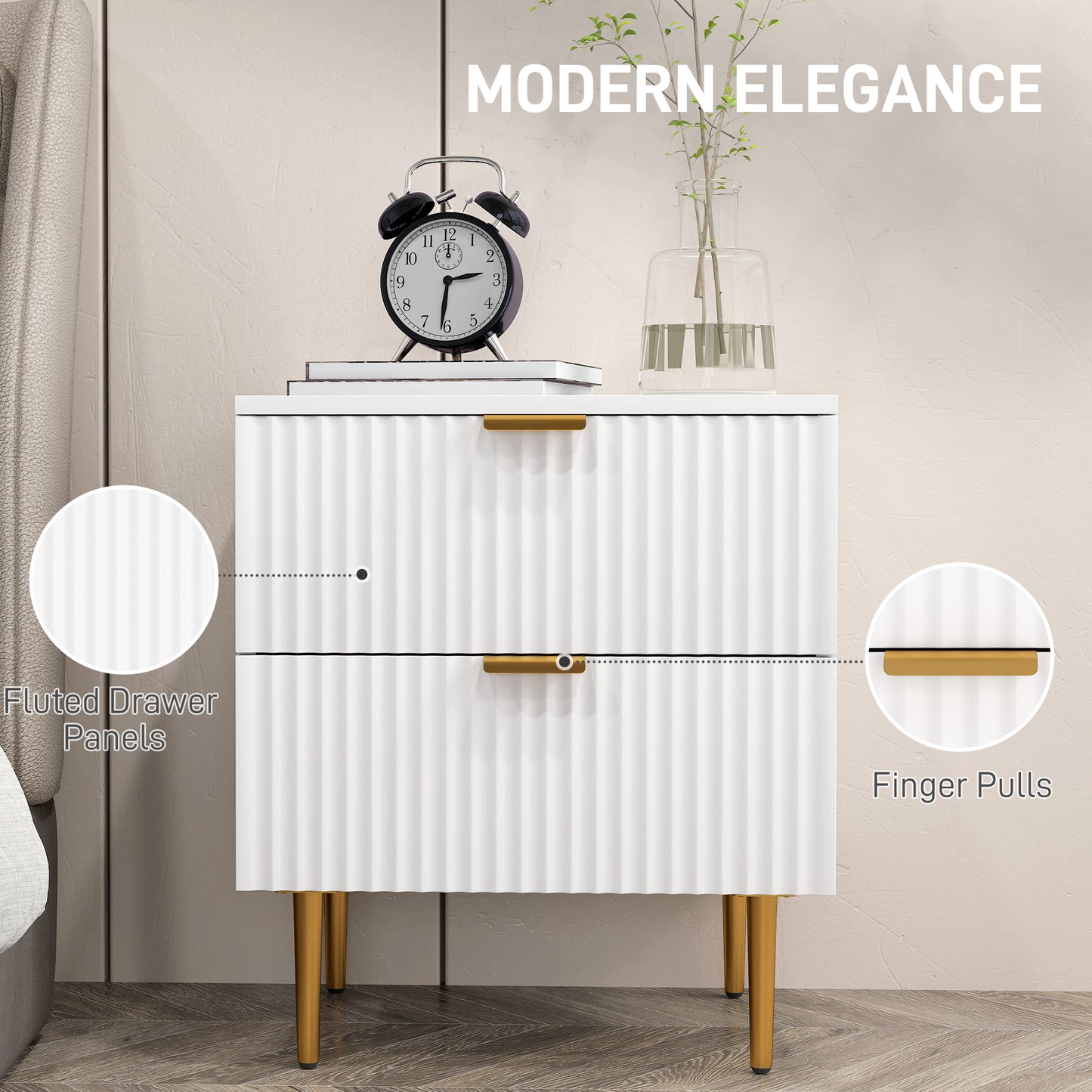 Bedside Table, Modern Nightstand with 2 Drawers, Side End Table with Metal Legs for Living Room, Bedroom, White