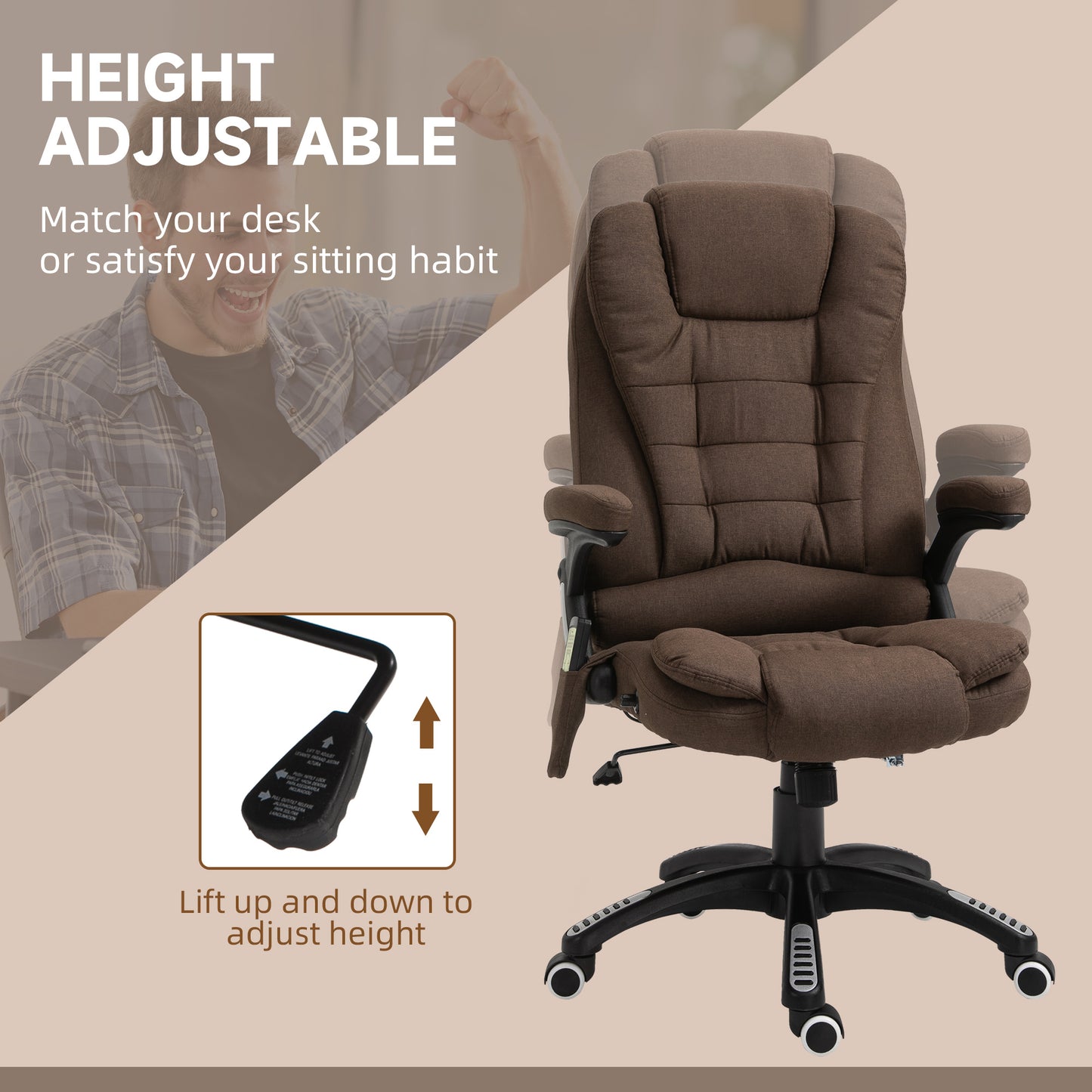 Reclining Massage Office Chair, Executive Office Chair with High Back, Swivel Wheels, Brown