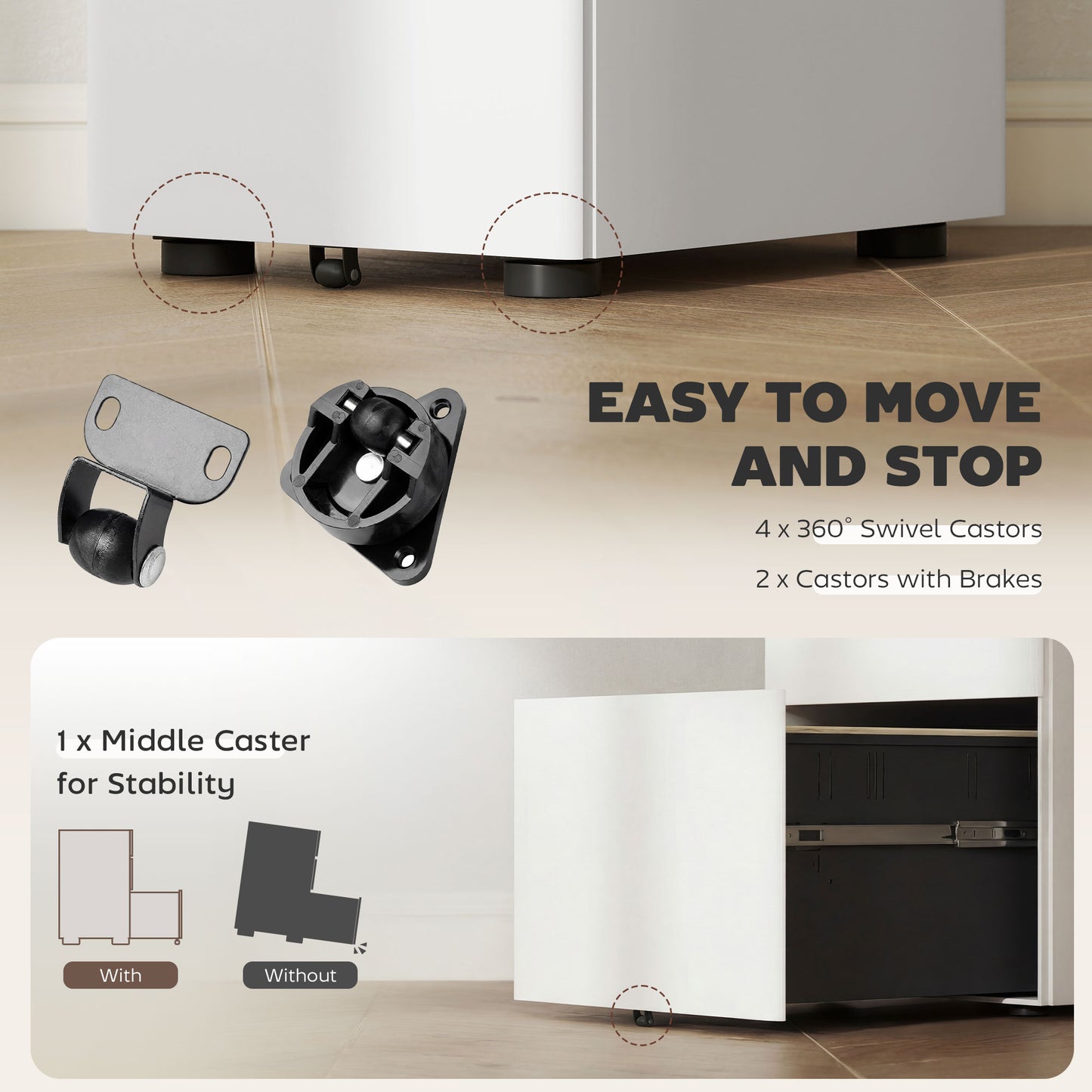 3 Drawer Filing Cabinet, Steel Home Office Storage Cabinet with Wheels, Lock for A4, Letters, Legal-sized Files, White