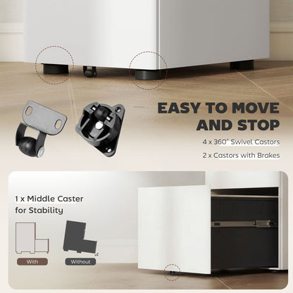 3 Drawer Filing Cabinet, Steel Home Office Storage Cabinet with Wheels, Lock for A4, Letters, Legal-sized Files, White