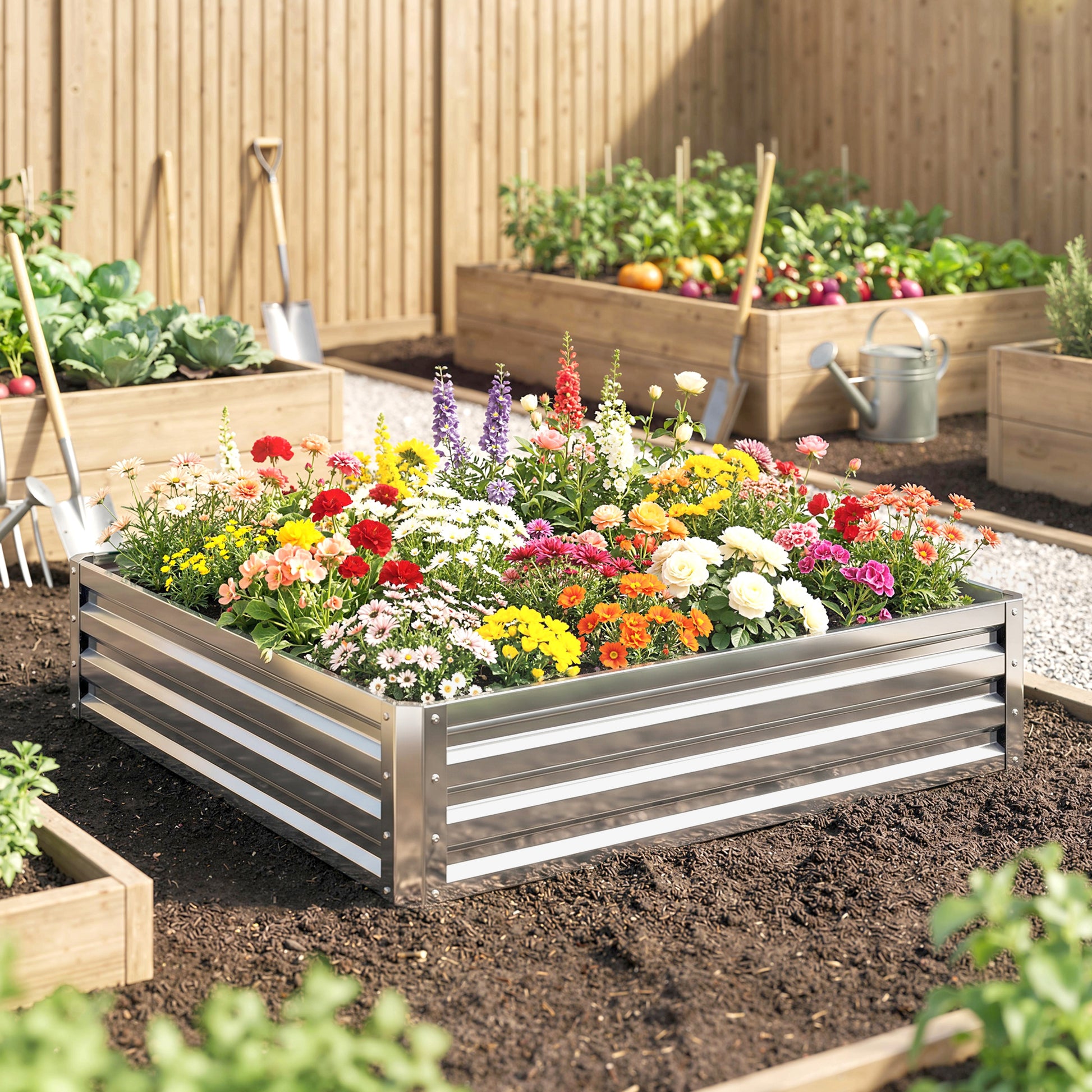 4' x 4' x 1' Galvanized Raised Garden Bed, Outdoor Metal Planter Box with Open Bottom, Square Raised Garden Box for Vege