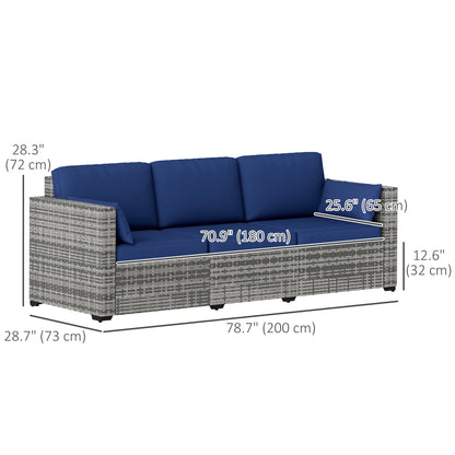3-Seater Patio Sofa with Cushions, Rattan Conversation Set with Steel Frame & Washable Cushion Covers, Dark Blue