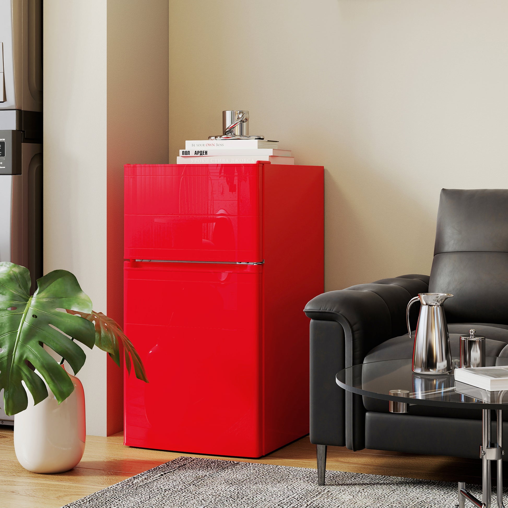 3.2 Cu Ft Compact Refrigerator, Mini Fridge with Freezer, Adjustable Shelves and Reversible Doors for Bedroom, Red