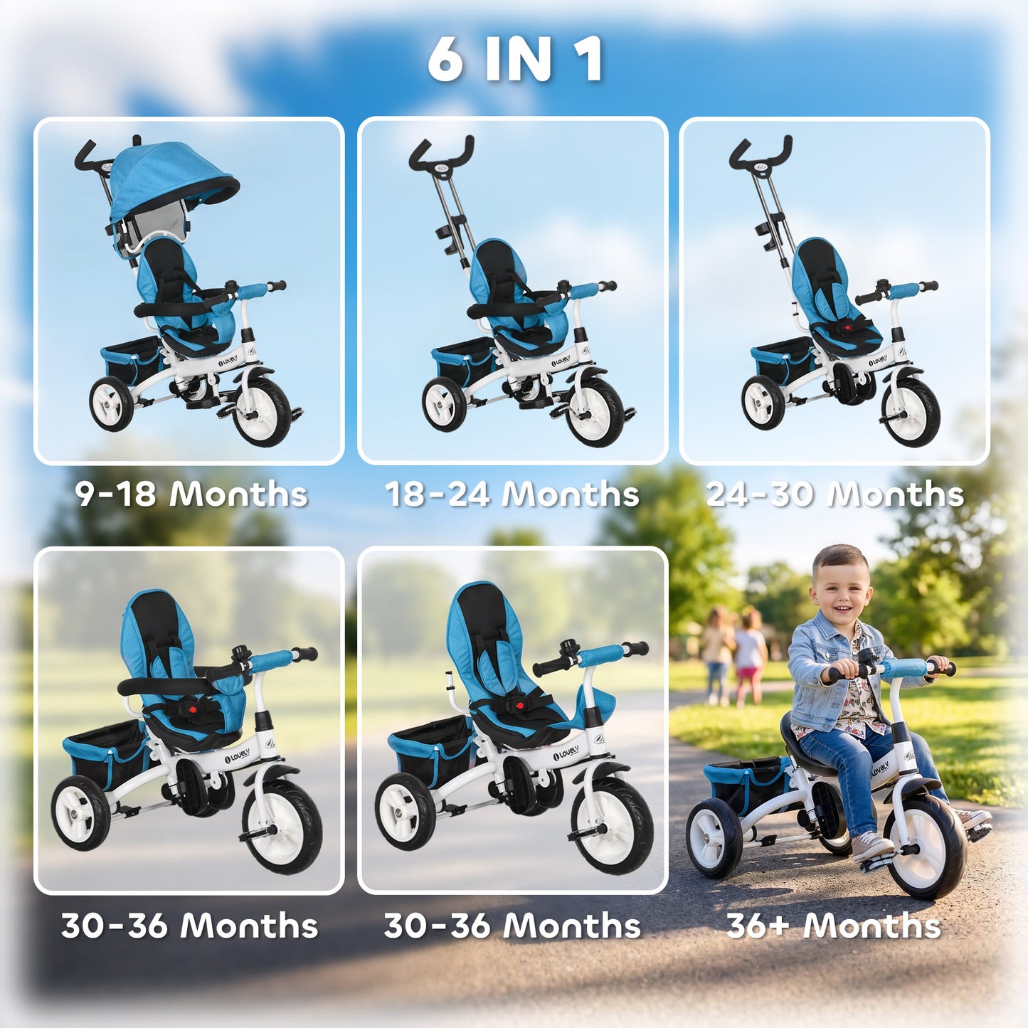 Qaba 6 in 1 Toddler Tricycle Stroller with Basket, Canopy, 5-point Safety Harness, for 12-60 Months, Blue