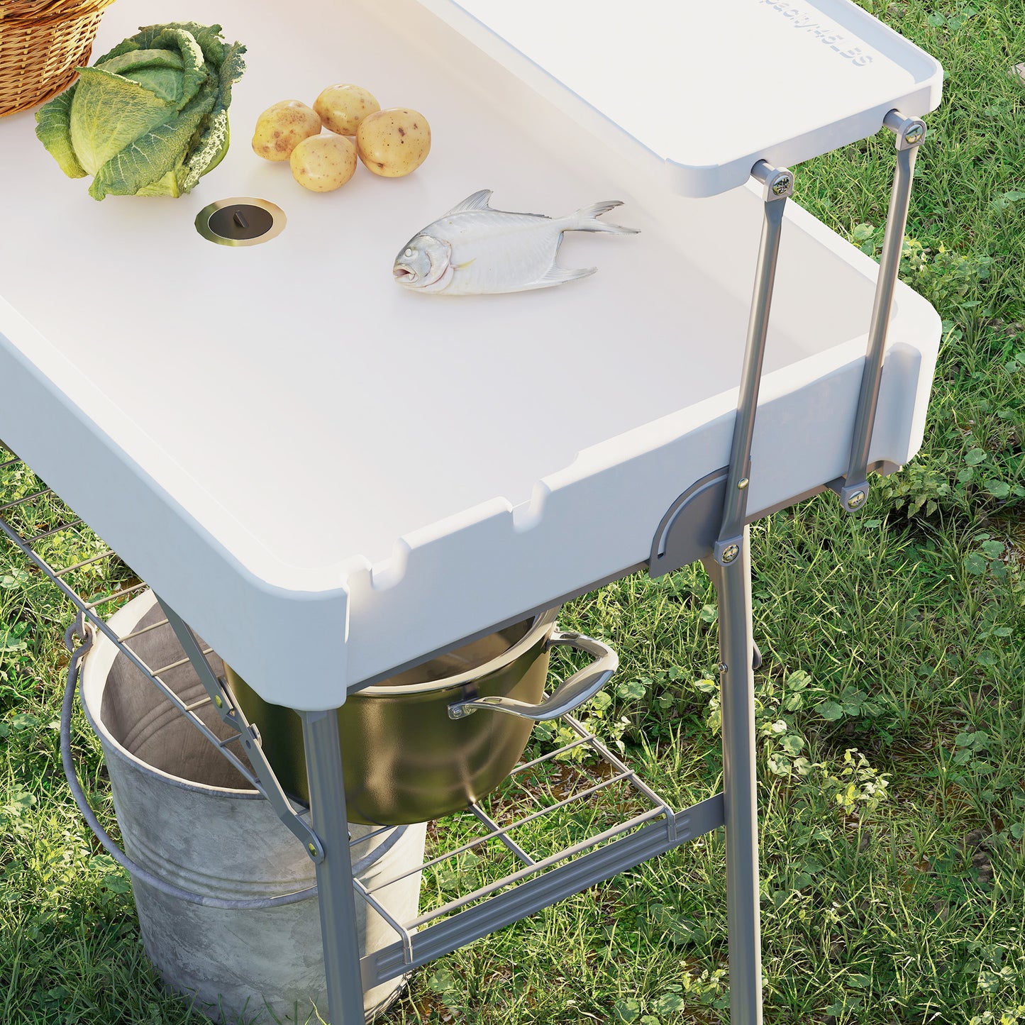 3.5ft Folding Ice Cooler Table with Drain, 2-Tier Outdoor Patio Party Cooler, Fishing Cleaning Table with Storage Shelf 