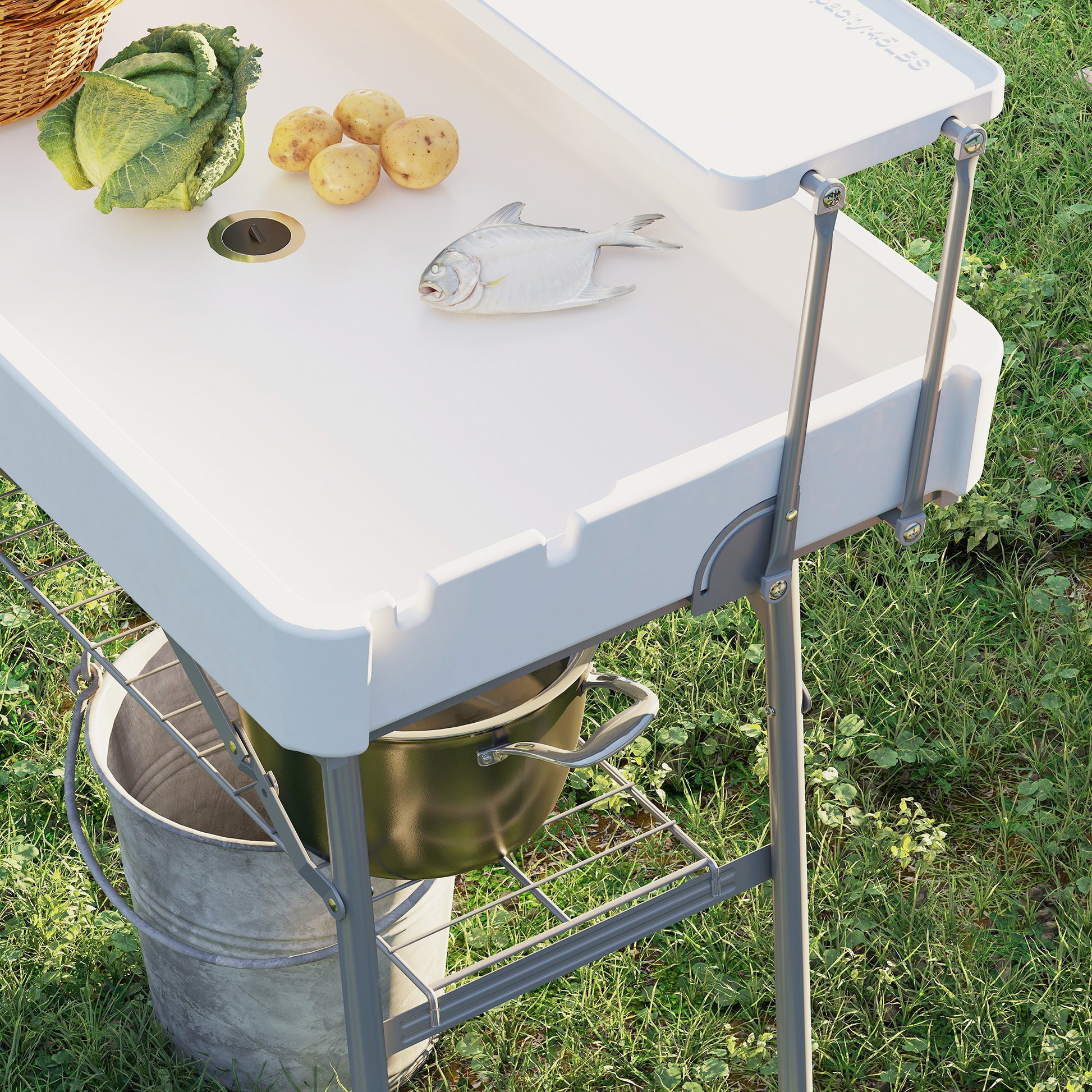 3.5ft Folding Ice Cooler Table with Drain, 2-Tier Outdoor Patio Party Cooler, Fishing Cleaning Table with Storage Shelf 
