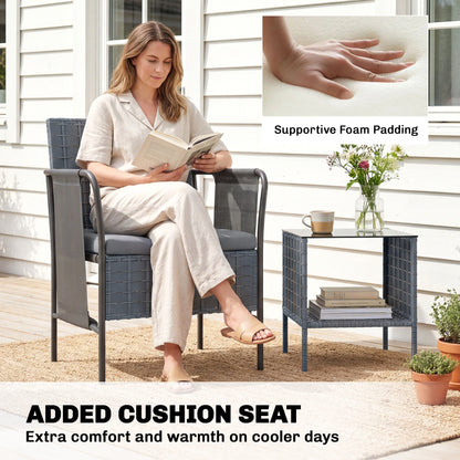 3 Piece Wicker Patio Furniture Set, Outdoor Bistro Set, Side Pockets, Mesh Seat, 2 Tier Glass Table, Cushions, Grey