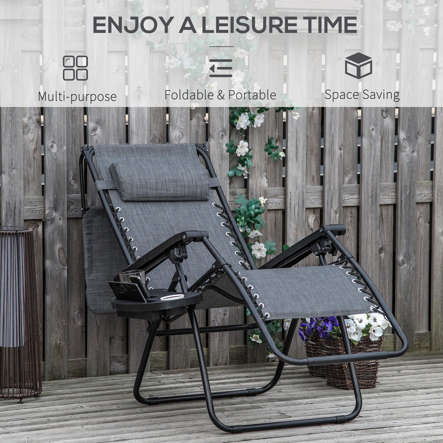Outdoor Zero Gravity Reclining Lounger Chair with Canopy Shade, Side Tray, Cupholder, Light Grey