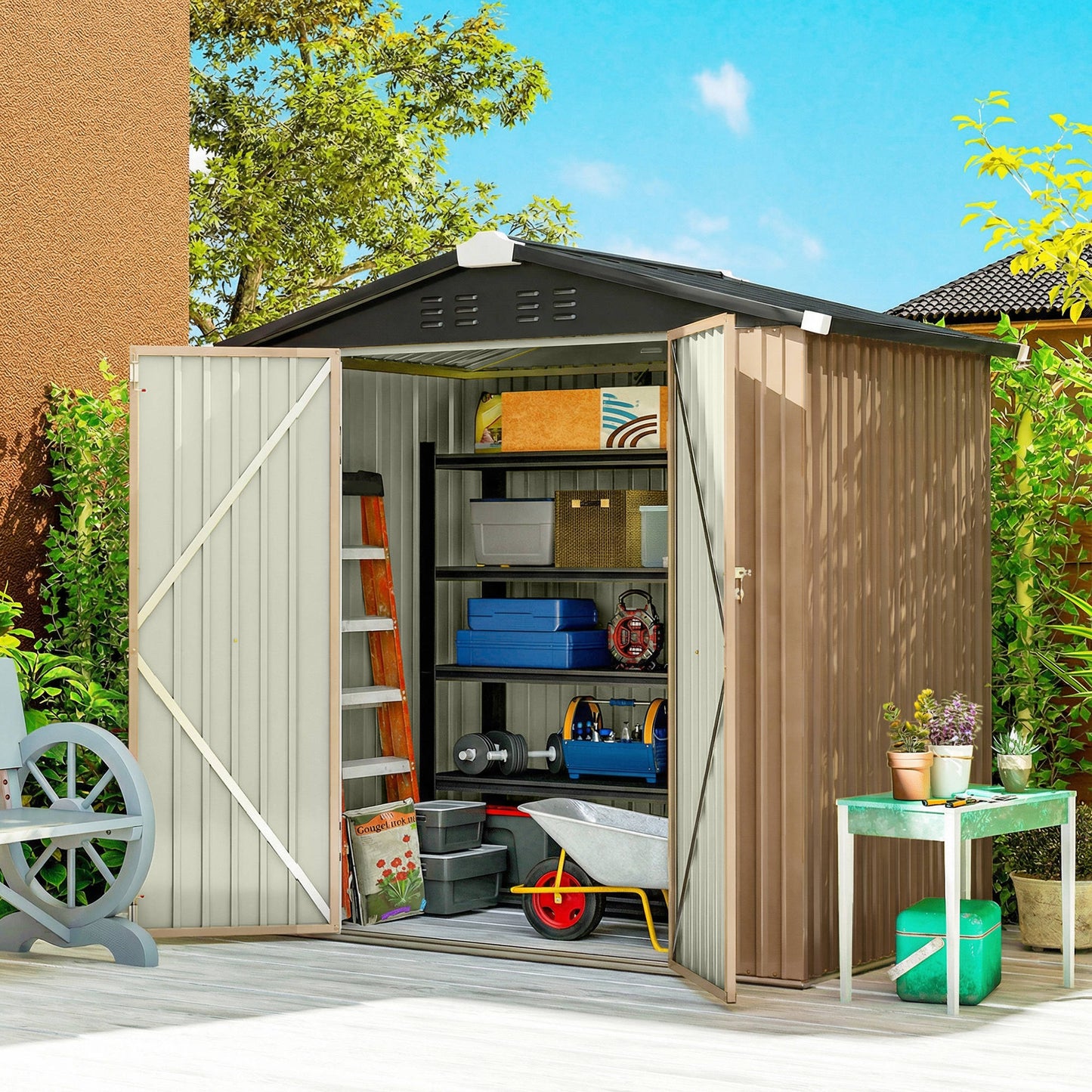 6.5' x 4'  Outdoor Storage Shed, Metal Garden Shed with Lockable Double Doors, 4 Vents, Brown