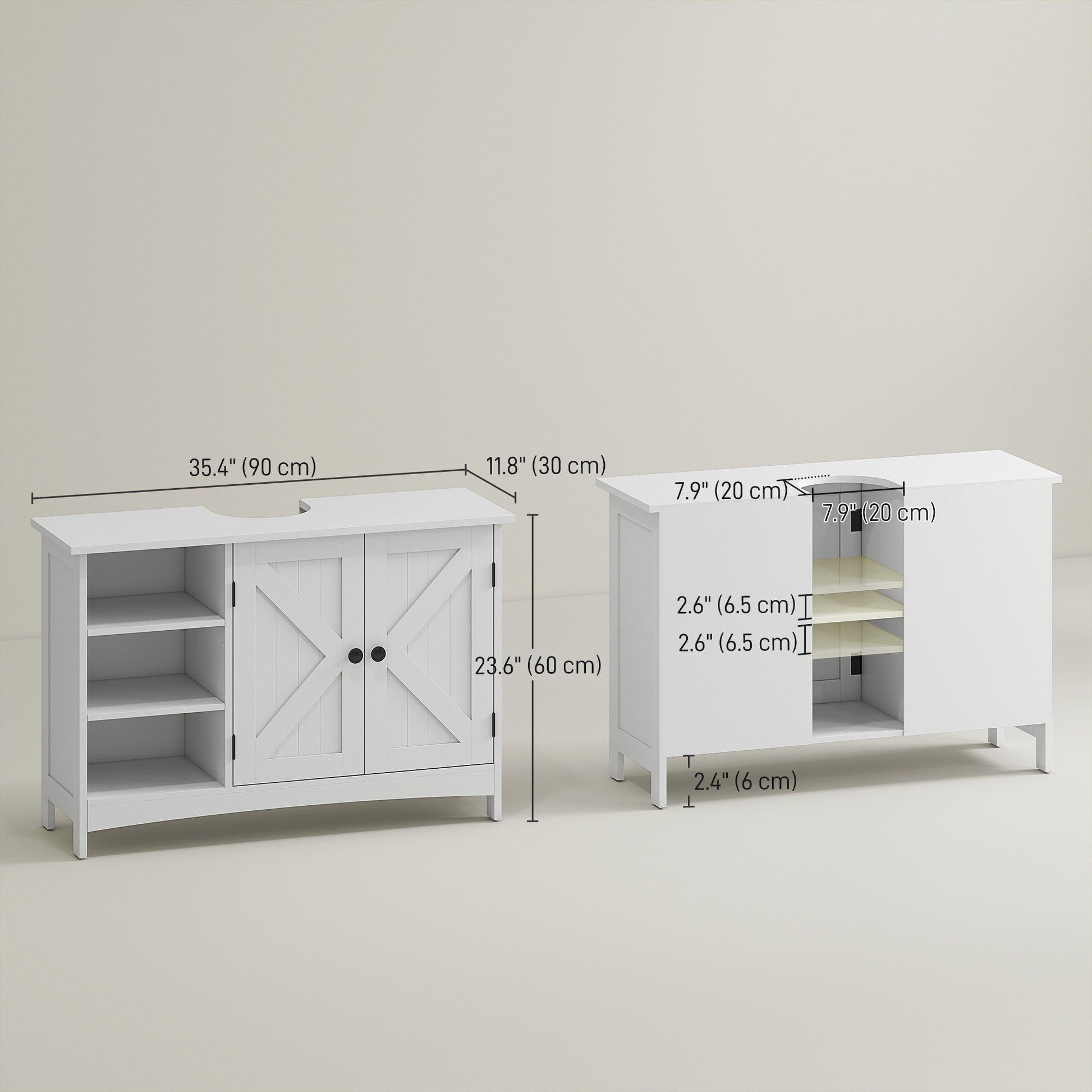 Bathroom Vanity Cabinet, Under Sink Storage Cabinet with Double Doors, Open and Adjustable Shelves, White