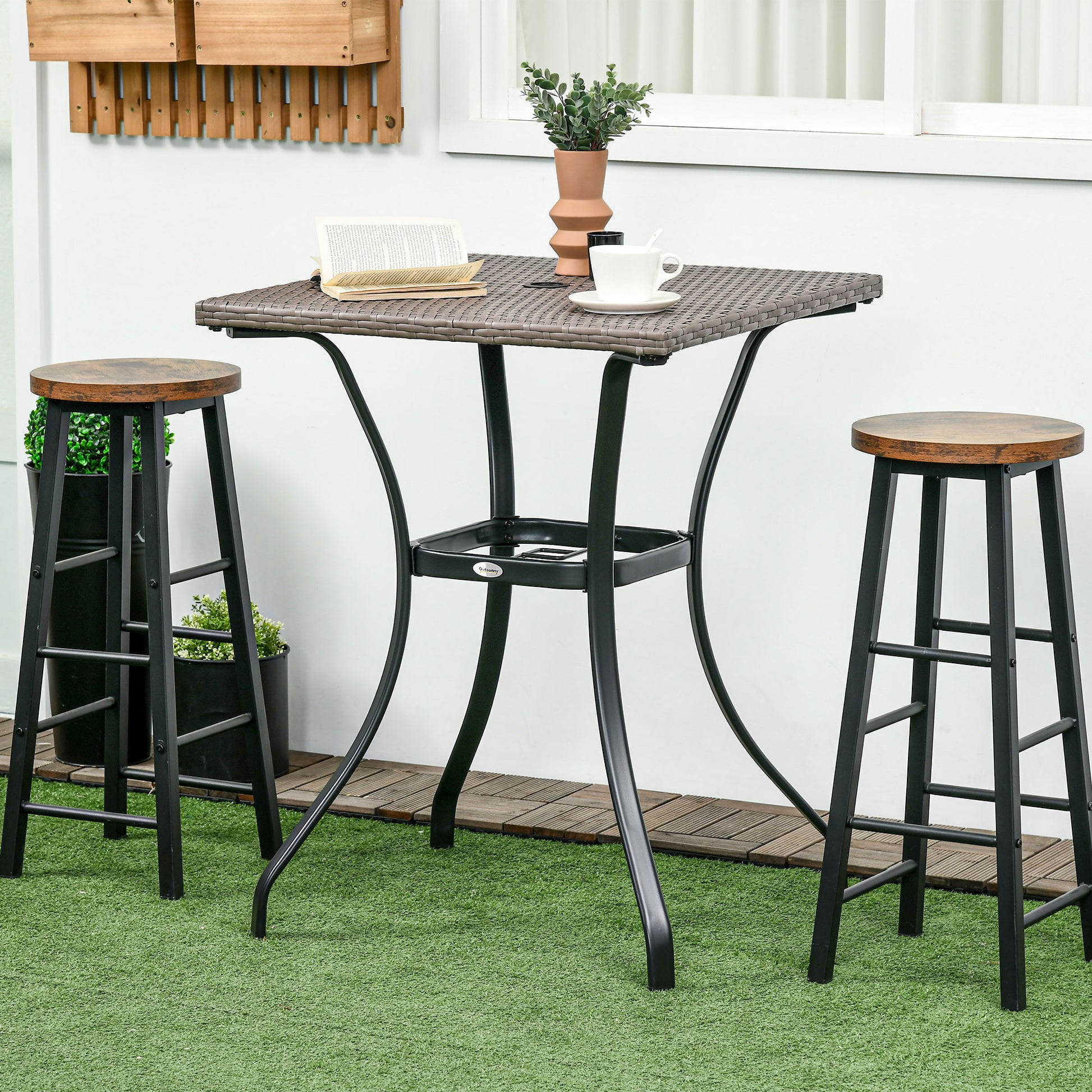 Patio Wicker Dining Table with Umbrella Hole, 34 Inch Outdoor PE Rattan Coffee Table with Plastic Board Under the Woven 
