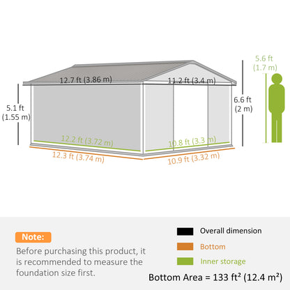 11' x 13'Garden Storage Shed w/ Foundation Kit Metal Tool Storage House w/ Double Doors Yellow