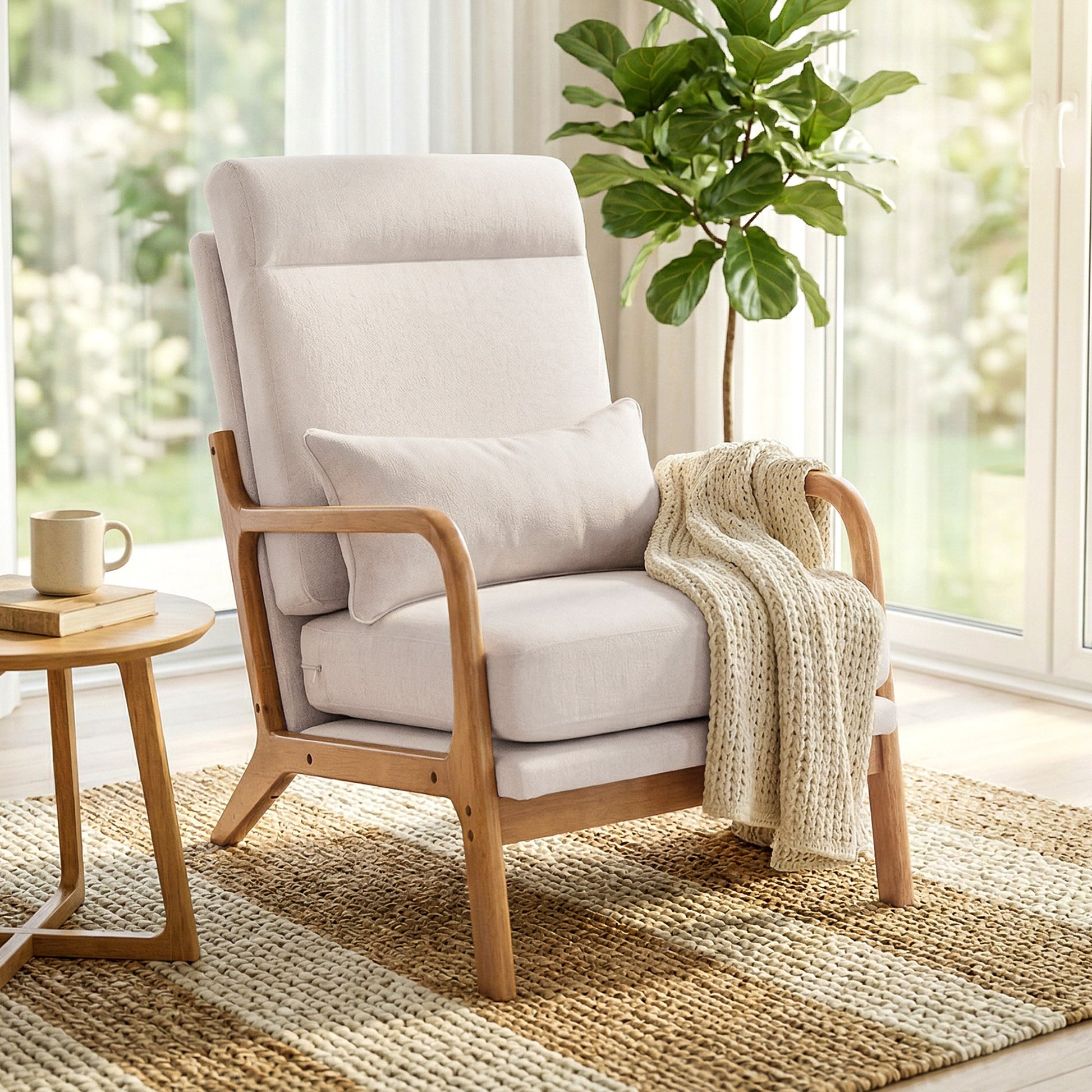 Modern Accent Chair, Linen Armchair with Lumbar Pillow, High Back, Wide Seat, Thick Cushion, Solid Wood Frame, Cream Whi