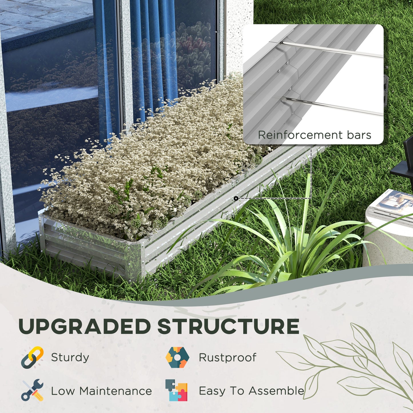 Galvanized Raised Garden Bed Steel Planter Box w/ Rods for Vegetables Flowers Herbs, 82" x 109" x 12", Silver