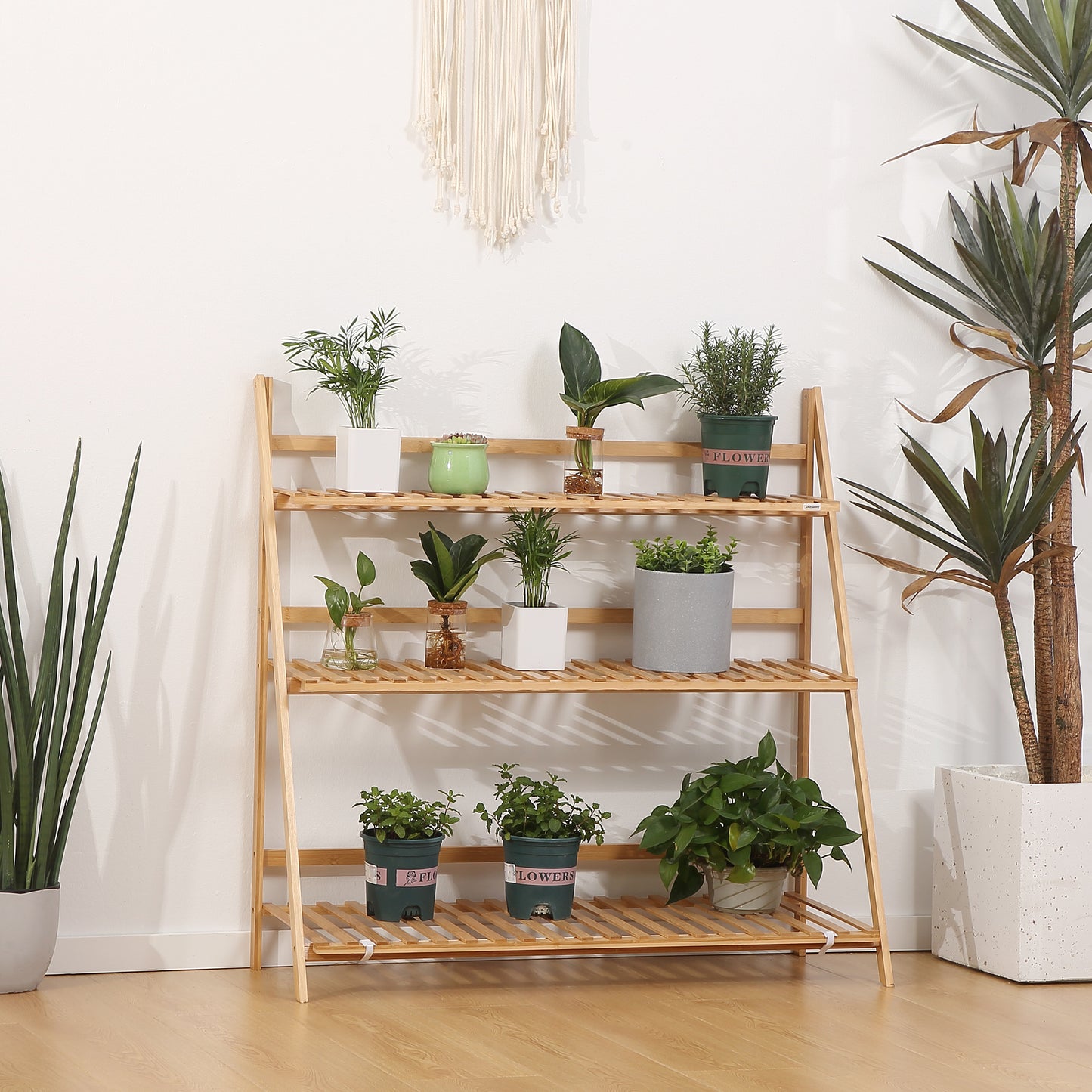3-Tier Plant Stand, Plant Shelf Rack, Folding Bamboo Display Stand, 98x37x96.5cm, Natural